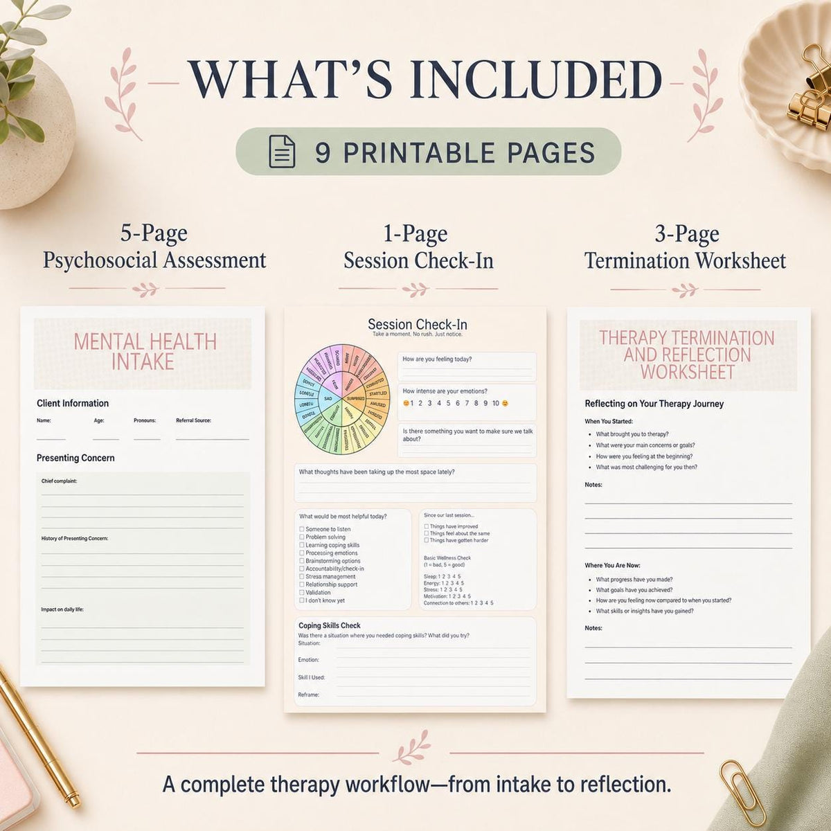 CBT Therapy Worksheet Bundle | Psychosocial Assessment, Session Check-In & Termination Worksheet
