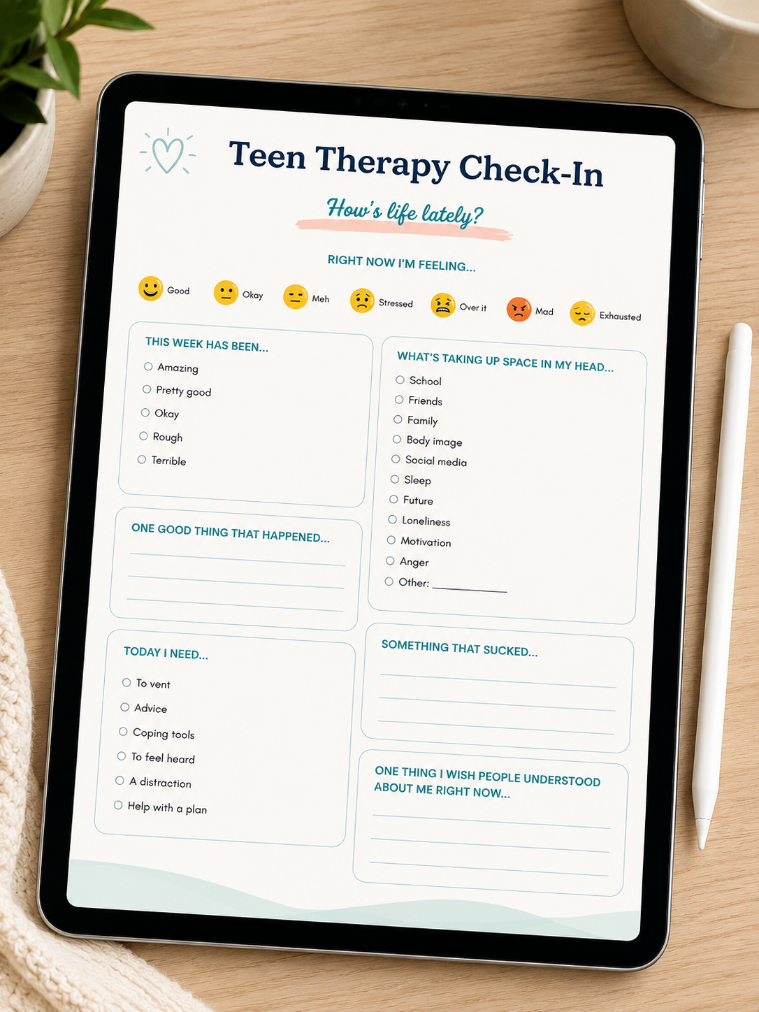 Teen Therapy Check-In Worksheet | Mental Health & Counseling Printable for Teens