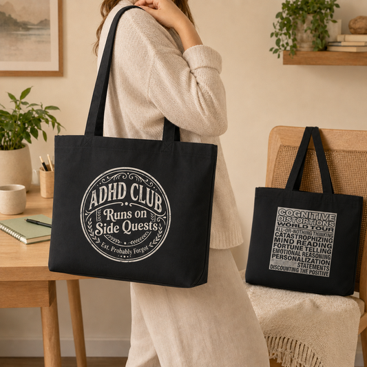 ADHD Club: Runs on Side Quests Tote Bag