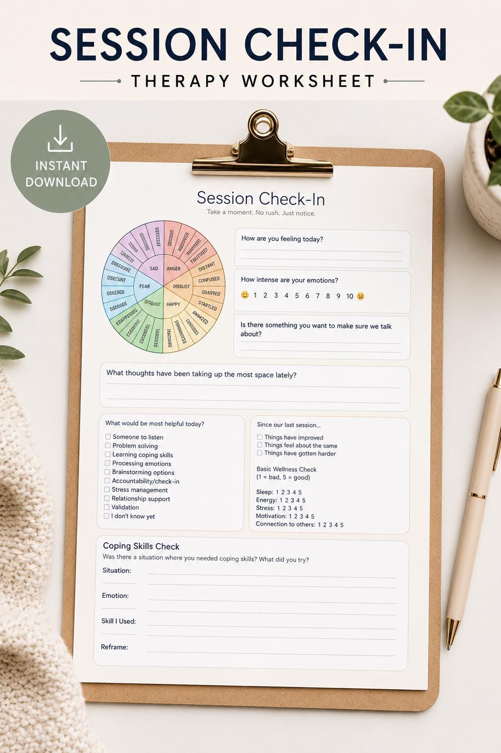 Therapy Session Check-In Worksheet | DBT Mental Health Intake Form (Digital Download)