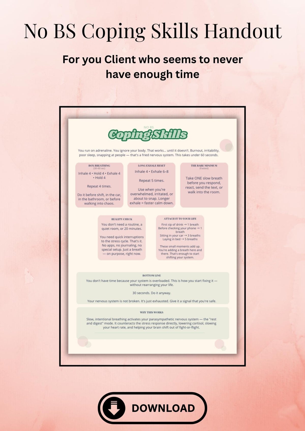 No BS Coping Skills Handout | Therapist Printable PDF (Digital Download)
