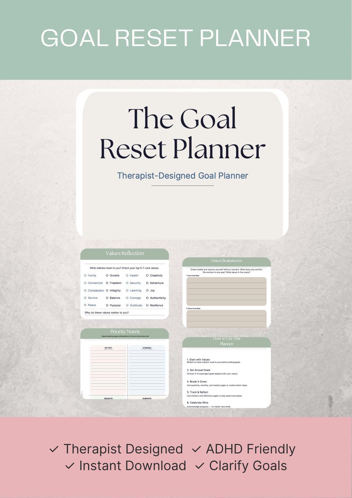 Therapist-Designed Goal Planner | ADHD Friendly Goal Setting Workbook (Digital Download)