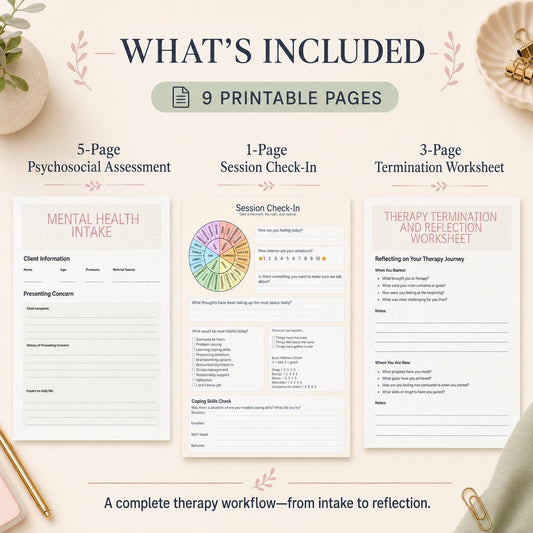 CBT Therapy Worksheet Bundle | Psychosocial Assessment, Session Check-In & Termination Worksheet