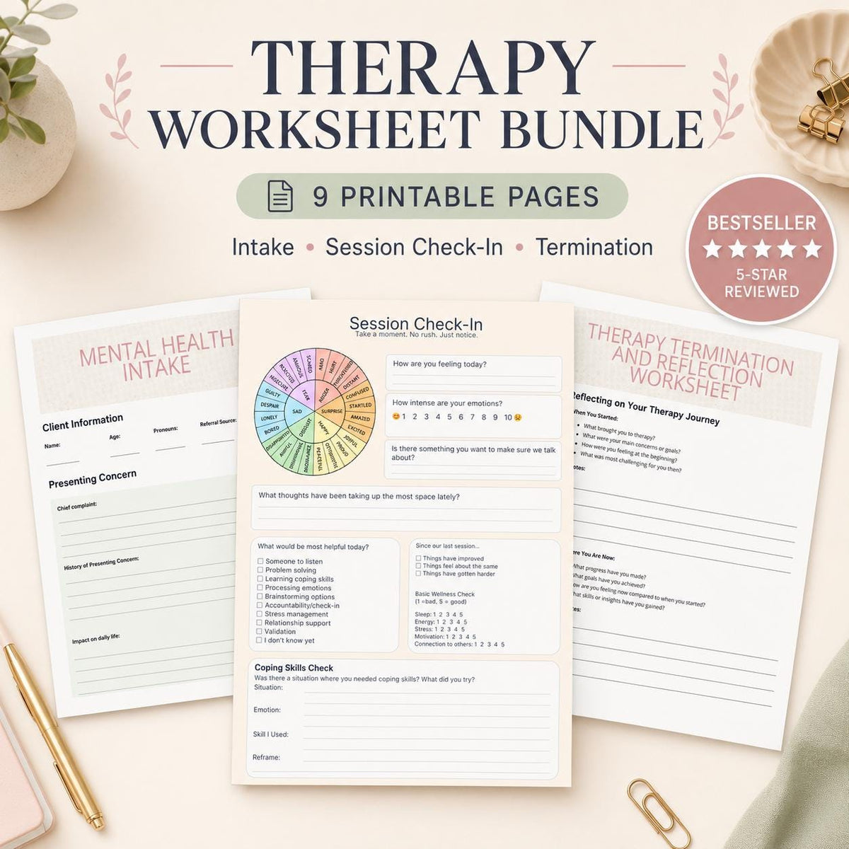 CBT Therapy Worksheet Bundle | Psychosocial Assessment, Session Check-In & Termination Worksheet