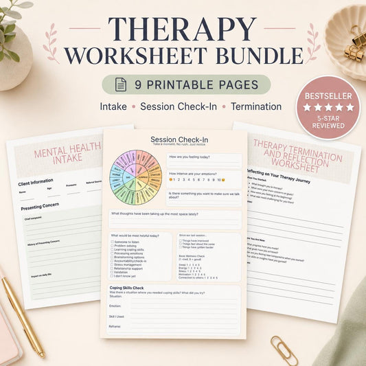 CBT Therapy Worksheet Bundle | Psychosocial Assessment, Session Check-In & Termination Worksheet